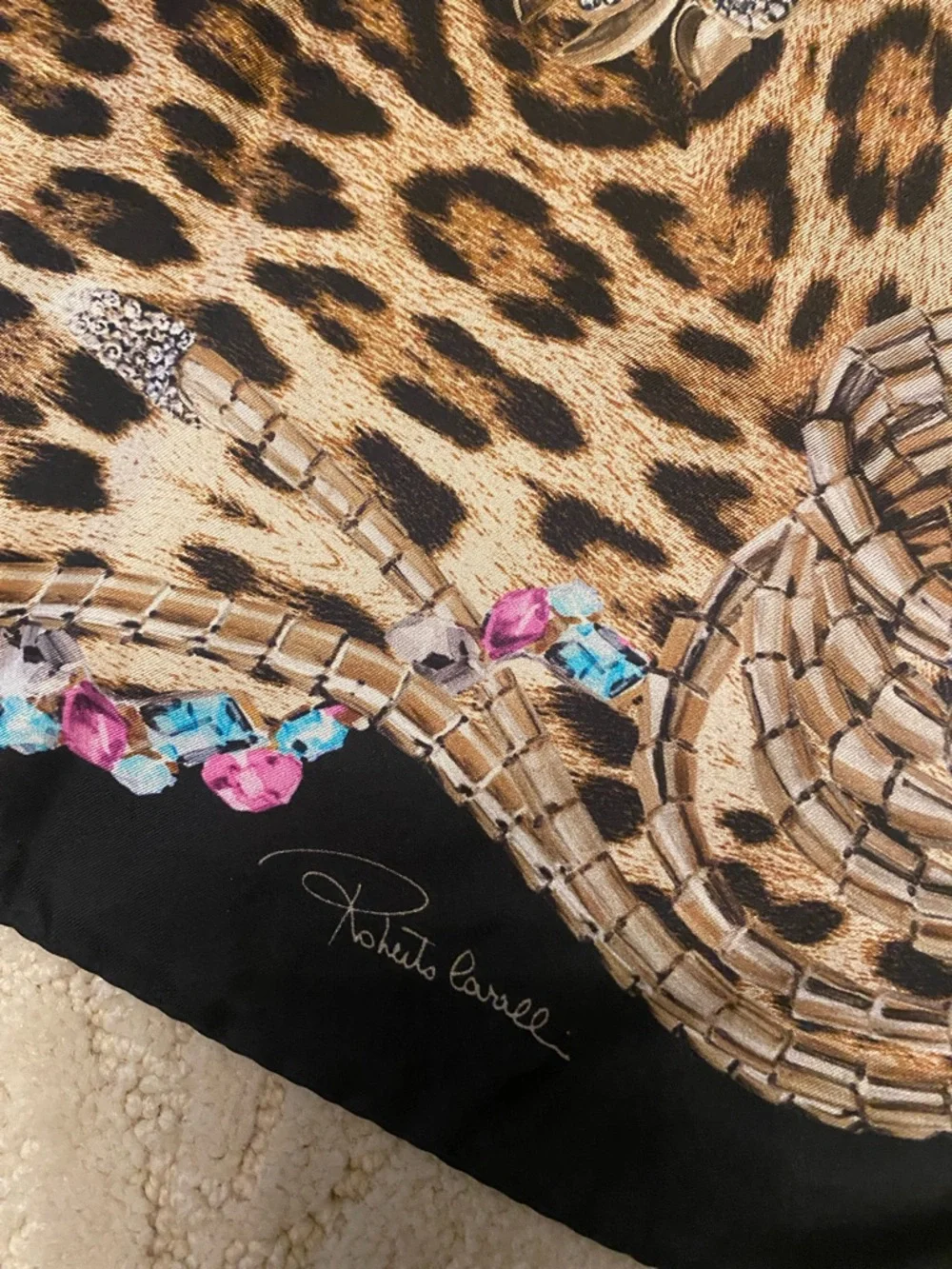 Roberto Cavalli Leopard & Chain Print Silk Scarf in Black and Brown